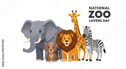 Illustration of various zoo animals celebrating National Zoo Lovers Day with a clean white background.