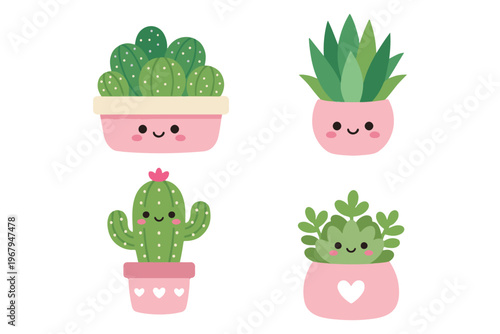 Small kawaii succulents set cute mini houseplant characters in pink pots flat vector illustration