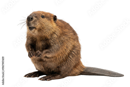 North American beaver with brown fur and flat tail, standing on hind legs, looking up, isolated on white