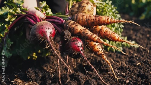 Freshly Harvested Carrots and Beets Emerging From Dark, Rich Soil