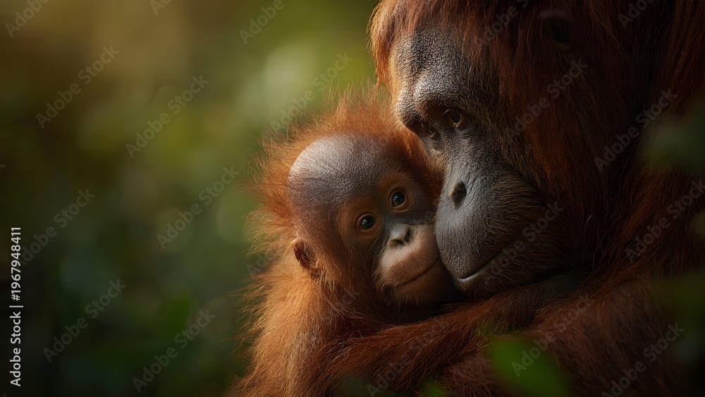 Obraz premium Intimate portrait of orangutan parent and baby cuddling in warm soft jungle light