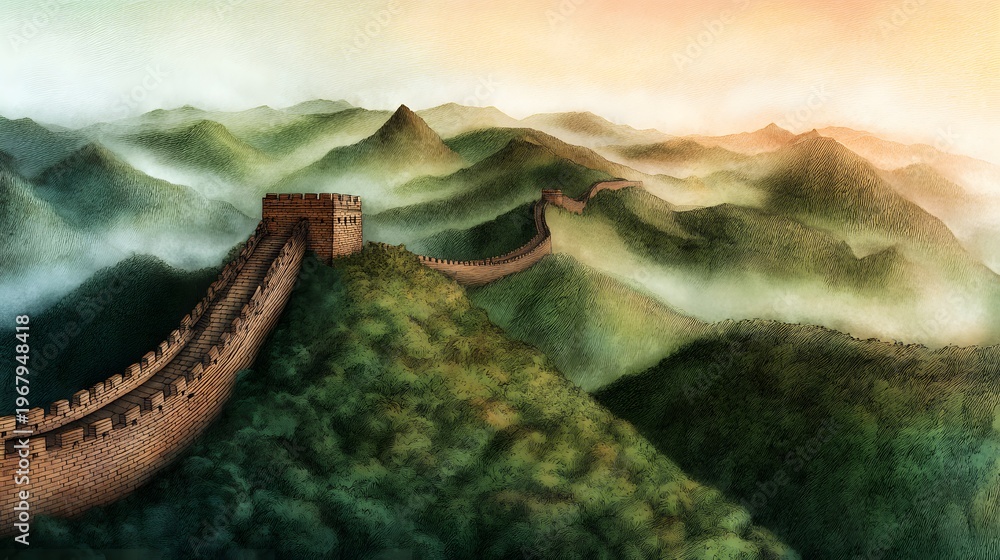 Fototapeta premium Majestic Great Wall illustration winding through green mountains bathed in soft warm light