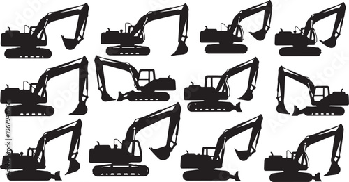 Collection of excavator silhouettes in various positions and angles