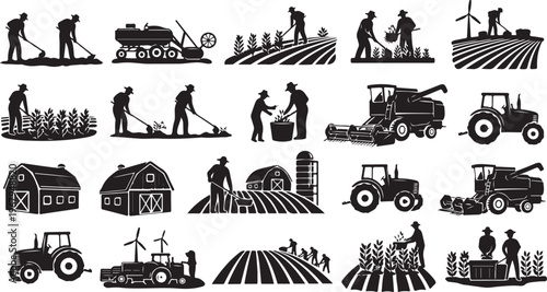 Agricultural Silhouette Icons of Farming and Tractor Equipment Tools
