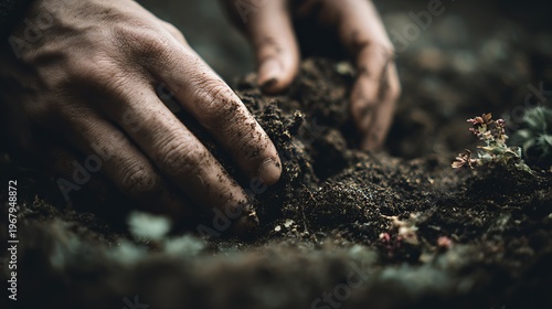 Hands touching soil and organic elements with visible texture contrast, simple natural setting with muted tones, soft light emphasizing tactile detail, macro shot with a 95mm lens, organic aesthetic w