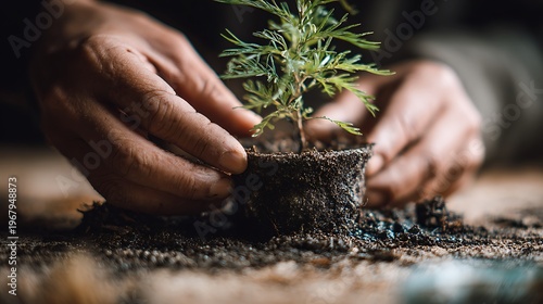 Hands tending to a young plant while lightly moistening the soil, simple natural setting with clean composition, soft directional light highlighting movement, side-angle shot with a 70mm lens, lifesty