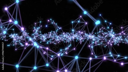 Abstract network of glowing nodes and lines against a dark background, representing data connections and technology.