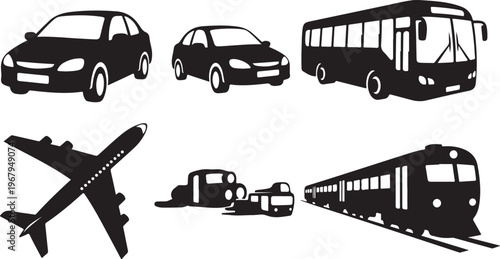 Transportation modes in silhouette on white background