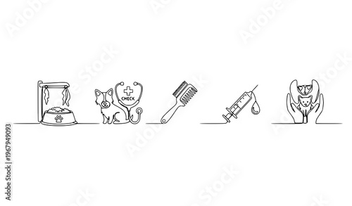 One line drawing pet care icons veterinary treatment animal service outline vector illustration