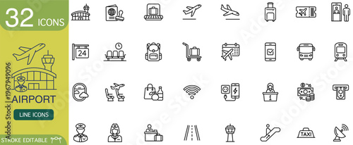 Airport icon line travel airplane luggage passport terminal set with editable stroke symbols for flight, boarding pass, security, taxi, wifi, gate, navigation