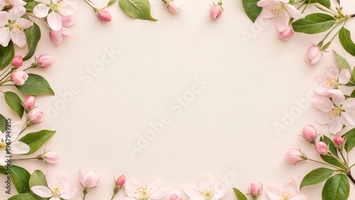 Spring Seasonal Delicate pink apple blossoms and buds frame a soft beige background, creating an elegant floral border with green leaves.