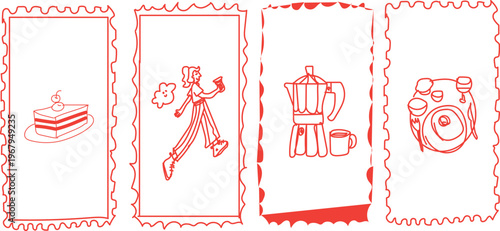 set of four whimsical, hand-drawn doodle illustrations framed in decorative borders, commonly used for stationery, social media graphics, or digital planners. 