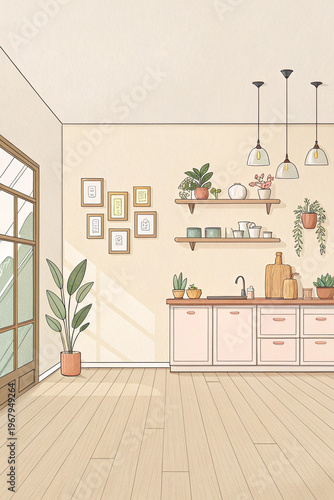 Cozy modern kitchen interior with plants in soft illustration