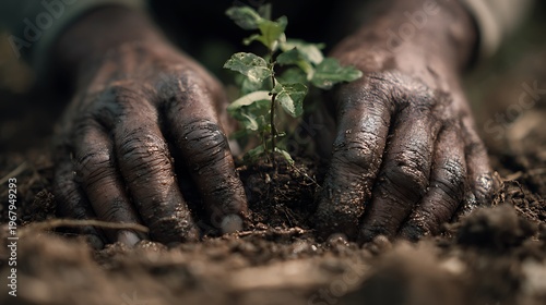 Soil-stained hands pressing earth around a plant base during manual work, minimal farm background with subtle blur, strong natural light emphasizing texture, macro shot with a 100mm lens, documentary 
