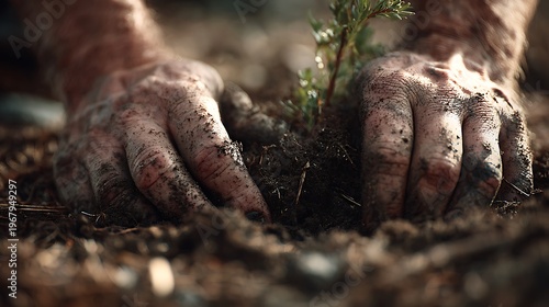 Soil-stained hands pressing earth around a plant base during manual work, minimal farm background with subtle blur, strong natural light emphasizing texture, macro shot with a 100mm lens, documentary 