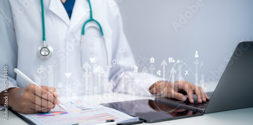 AI healthcare analytics medical data visualization doctor using tablet laptop digital report interface clinical statistics telemedicine performance growth smart hospital data driven decision making