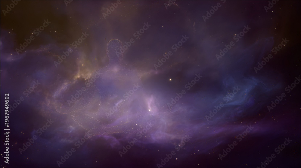 Fototapeta premium Serene cosmic meditation ethereal silhouette bathed in violet gold starlight peace inspires