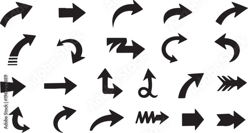 Collection of various black arrow icons on white background
