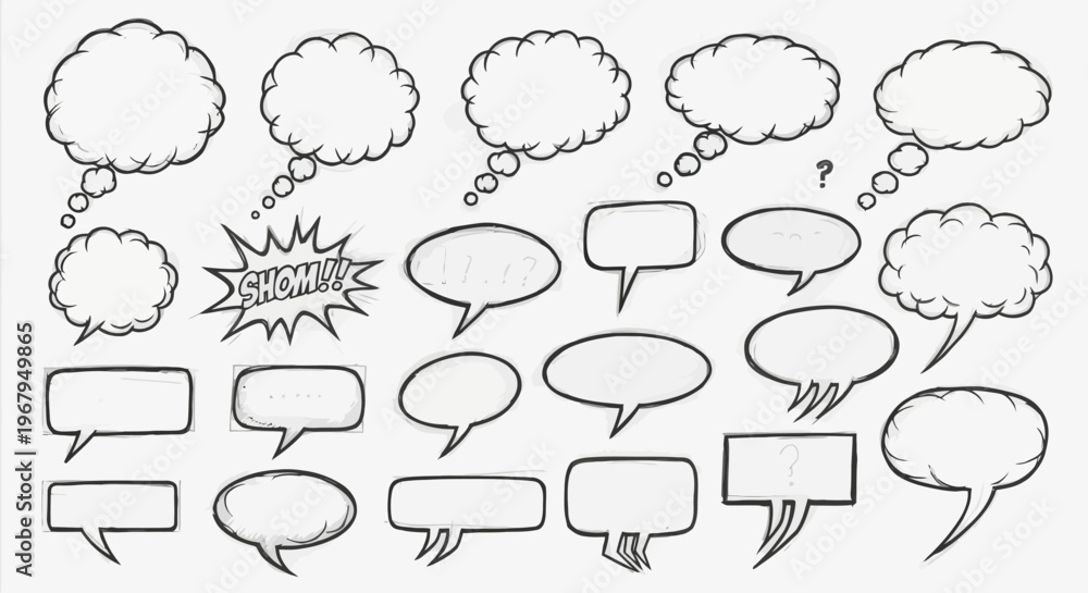Fototapeta premium Collection of Hand-Drawn Comic Speech Bubbles with Various Shapes and Styles