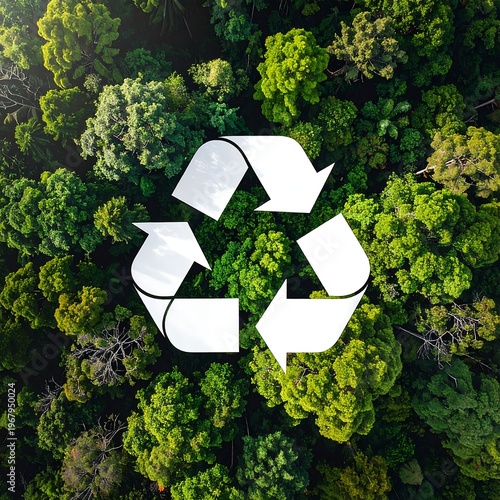 Aerial view of lush green forest with recycling symbol overlay