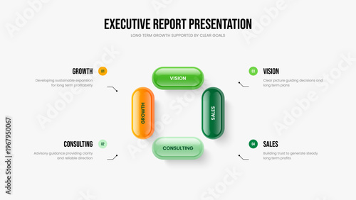 Company Insight 4 Step Infographic Slideshow Layout. Service Portfolio Slide Template Vector Illustration. Project Showcase Four Option Diagram Presentation Design.