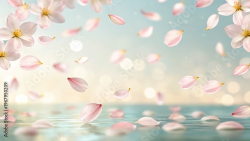 Spring Seasonal Soft pink cherry blossom petals gently falling over a calm water surface with a dreamy bokeh background.