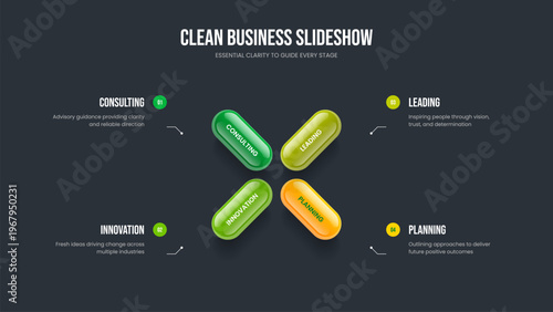 Product Campaign Four Element Infographic Presentation Template. Company Innovation Slide Design Vector Illustration. Investor Growth 4 Step Diagram Frame Layout.