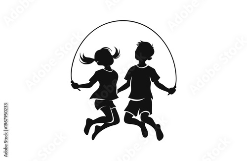 Children Jumping Rope Silhouette Vector – Boy and Girl High-Contrast Black and White Illustration