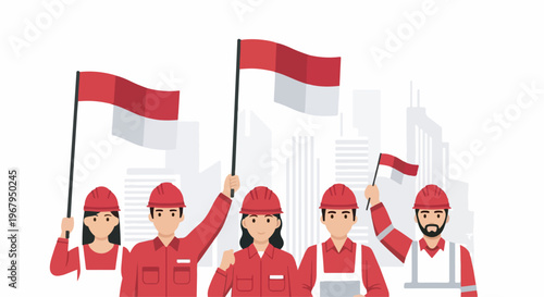 A group of diverse workers holding Indonesian flags and wearing hard hats, celebrating national pride.