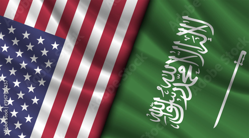 Vector wavy national flags of United States of America and Kingdom of Saudi Arabia. Relations between countries. American banner. Washington and Riyadh