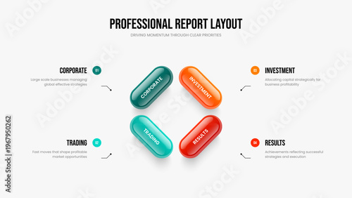 Professional Forecast Four Option Diagram Frame Layout. Service Development Slideshow Template Vector Illustration. Investor Review 4 Element Infographic Presentation Design.
