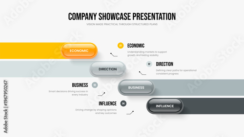 Business Analysis Slide Design Vector Illustration. Product Proposal Four Option Diagram Presentation Layout. Project Review 4 Element Infographic Frame Template.