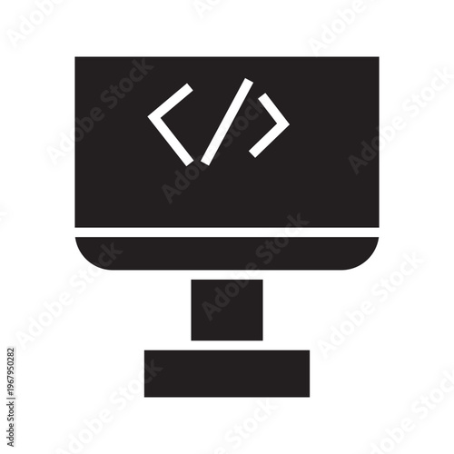 Computer monitor with coding symbol line icon. Outline representation of programming, software development, web development, and coding interface.
