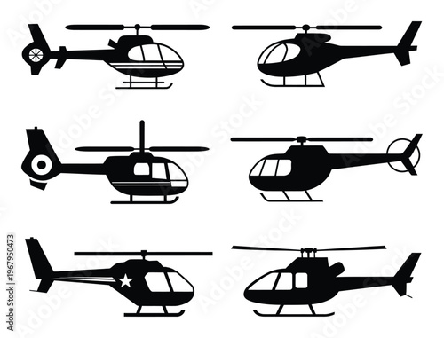 Collection of Six Black Helicopter Silhouettes on White Background