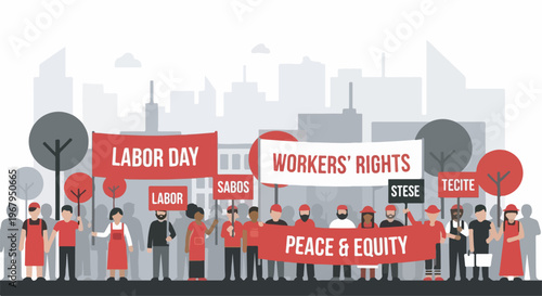 A diverse group of people marching in a parade holding banners for Labor Day, Workers' Rights, Peace, and Equity.