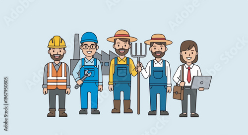Diverse group of professionals including construction worker, mechanic, farmers, and office worker with laptop.