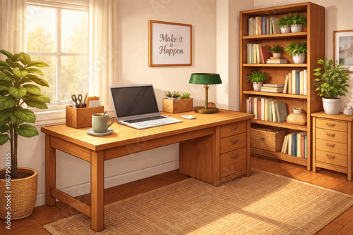 Warm and Productive Home Office Interior Vector with Corner Desk and Bookshelf