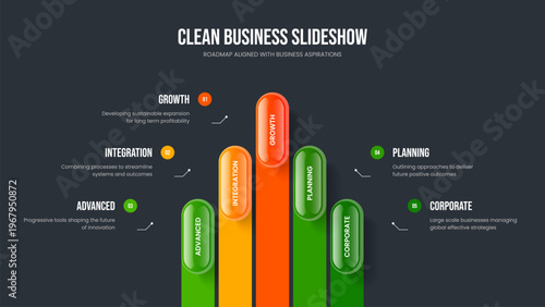 Advertising Report Frame Layout Vector Illustration. Company Solution Five Step Infographic Presentation Template. Visual Briefing 5 Element Diagram Slideshow Design.