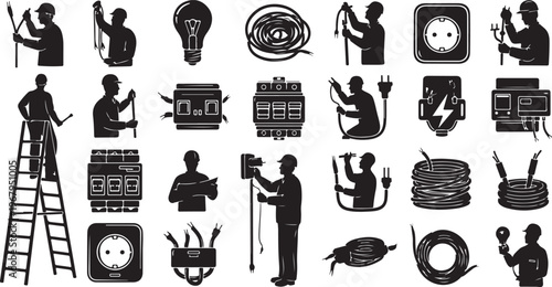 Black and white icons of people working on various projects