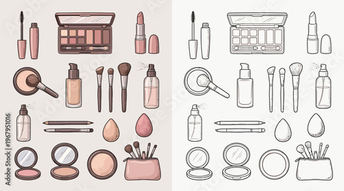 A collection of makeup products and tools, including eyeshadow palettes, lipsticks, foundations, brushes, and sponges, presented in both color and outline versions.