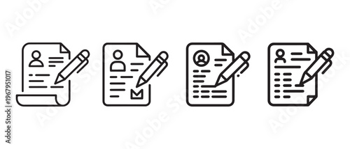 Line Icons Set. Resume, Application Form, Data Entry, and Profile Management. Minimalist outline design with a pen.