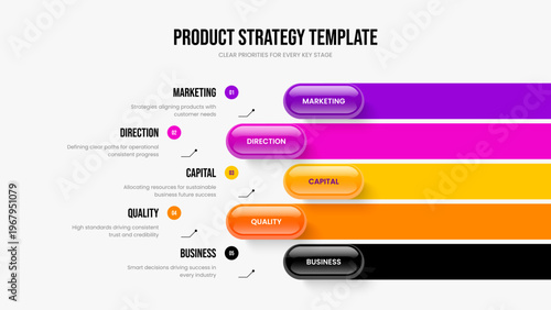 Marketing Portfolio 5 Step Infographic Slideshow Template. Consulting Forecast Five Option Diagram Presentation Design. Digital Campaign Frame Layout Vector Illustration.