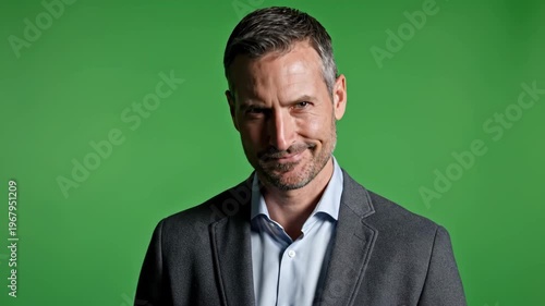 Confident middle-aged businessman smiling against green screen background