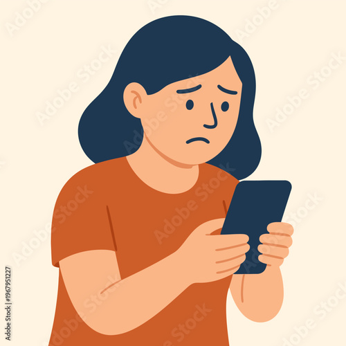 Sad woman checking social media on phone