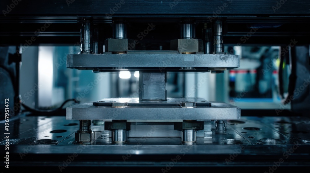 Fototapeta premium Industrial machinery close up of metal pressing process with mechanical components