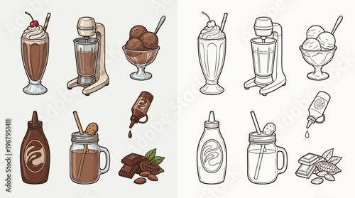 Collection of chocolate-themed drinks and ingredients, including milkshakes, ice cream, chocolate syrup, and cocoa beans, presented in both colored and line art styles.