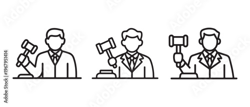 Legal Authority and Auctioneer Gavel Icons Set. Line Art Judges Symbolizing Justice, Verdict, and Bidding.