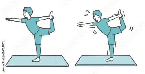 笑顔でヨガのダンサーのポーズをする男性と苦戦する男性の比較セットイラスト