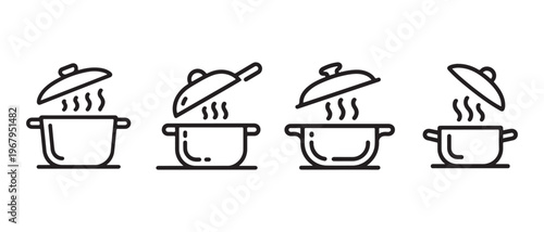 Minimalist Line Art Icons of Steaming Cooking Pots with Open Lids for Food Preparation and Kitchen Concepts on White Background.
