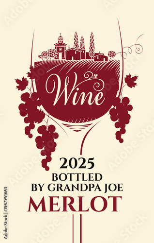 Vector vintage template of a custom label for red and white wine for a birthday or anniversary with grape branch, rural landscape inside the glass, date and name of the birthday person. No ai